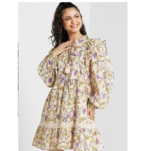 🤎🩷River Island NWT Beige & Lavender Floral & Lace Smock Prairie Dress Size 10